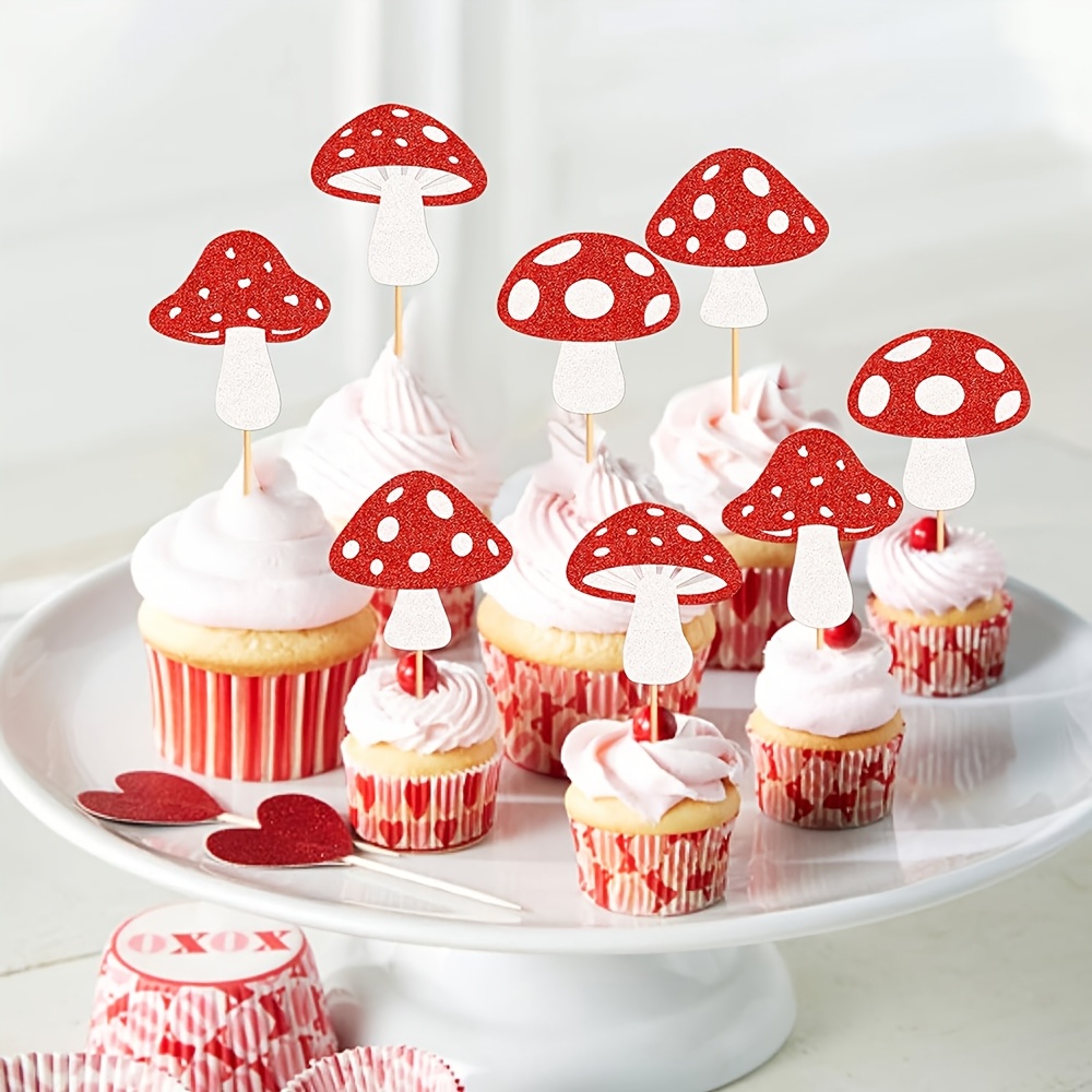 12 24pcs glitter mushroom cupcake toppers mushroom themed birthday party cake decorations   shower woodland fairy party supplies for girls and boys