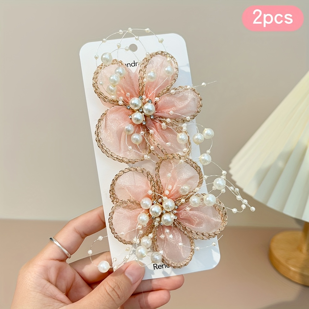 2pcs Colorful Flower Hair Clips Fairy Flower Hair Barrettes Tulle Flower Hair Clips Beaded Hair Clips Boutiue Floral Hair Accessories For Womens Gifts, Vacation