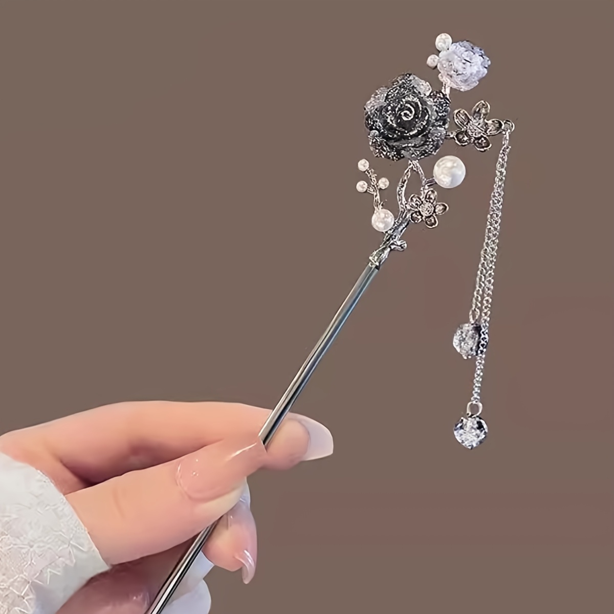 E-shop 1 Stück Edelstahl 3D Rose Haarstecker mit Perlen- und Strass-Accents, elegantes Haarzubehör für Damen, ohne Federn, kreativer Haarschläger für