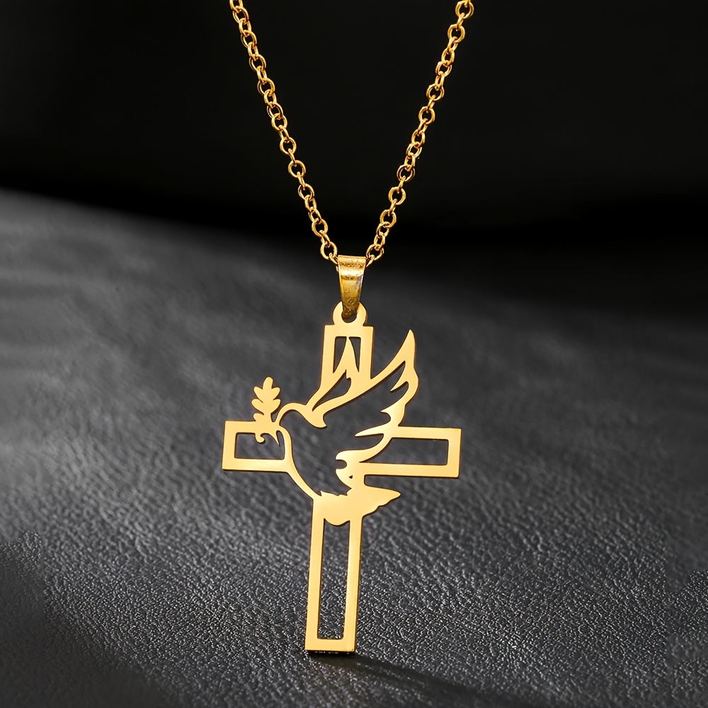 Image of 1pc 304 Stainless Steel 18k Golden Plated World Earth Day Cross Of Peace Element Pendant Necklace Suitable For Men And Women Daily Wear Travel Vacation Holiday Birthday Party Gifts