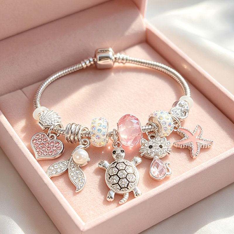 TEMU Silvery Sweet Ocean-style Snake Chain Beaded Bracelet With Sea Turtle, Mermaid Tail, Cat, Starfish, Charms, And Pastel Through-hole Beads. And
