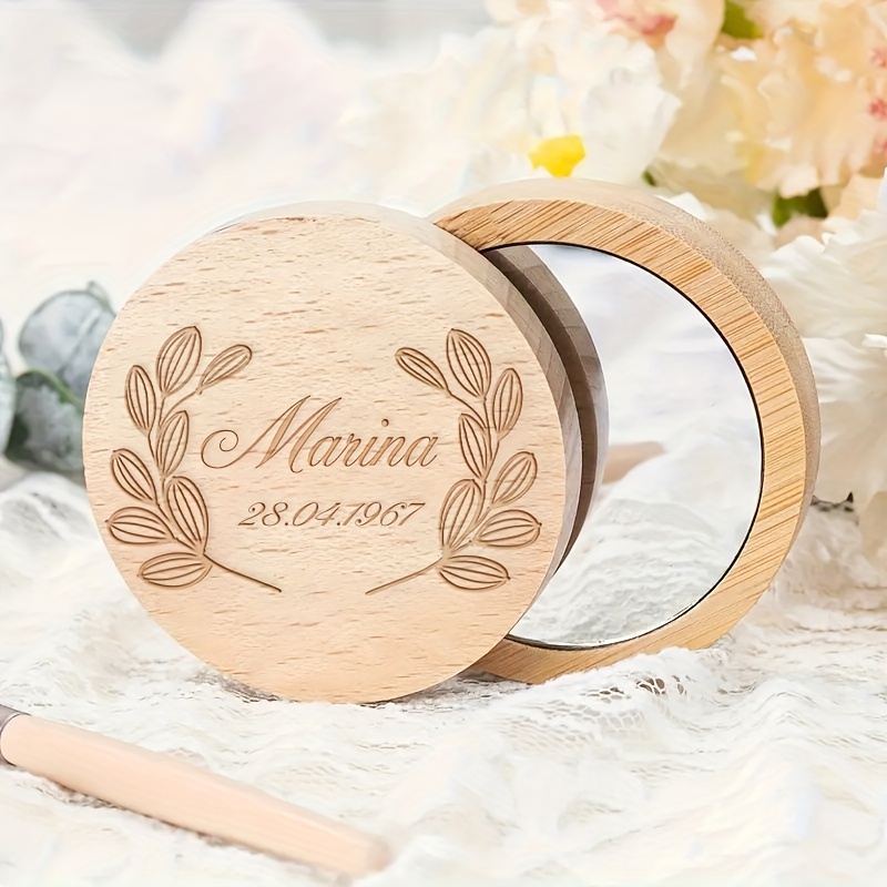 

Personalized Wooden Compact Mirror, Custom Engraved Wedding Date Keepsake, Selected Gift For Loved One, Comfort Touch, Durable Exclusive Name & Date, Portable Makeup Essential