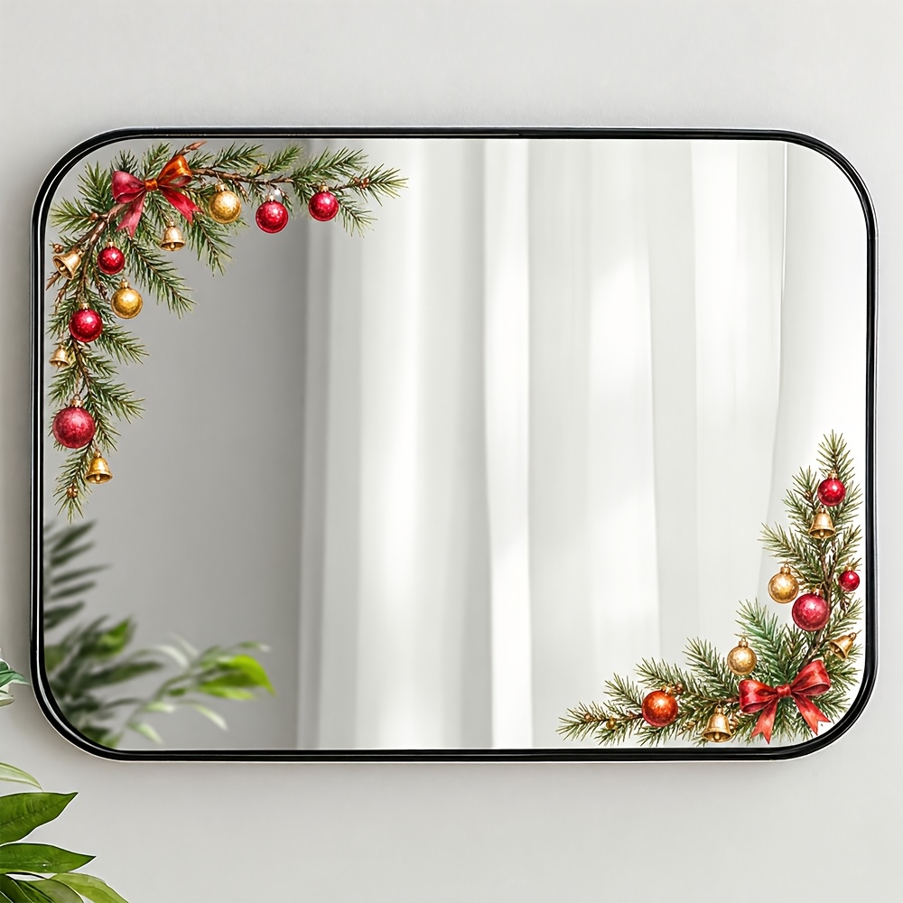 TEMU 1pc Christmas Pine Branch With Red And Golden Orbs Diagonal Border Glass Sticker, Bow And Green Plant Decorative Sticker, Christmas Bathroom And