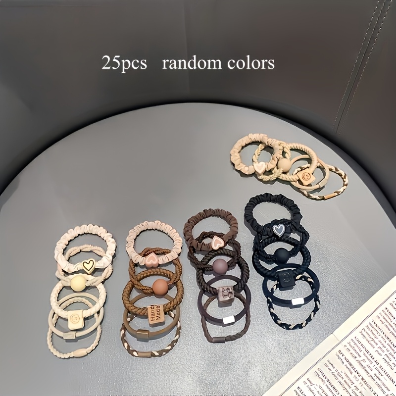 TEMU 25pcs Random Color Bohemian Style Women's Hair Tie Set - Charm And Beaded Elastic Headbands, Suitable For All Hairstyles, Ponytails And Fitness