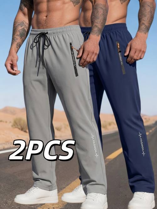 2pcs mens casual sports pants suitable for breathable quick dry fabric letter pattern zipper pocket jogger straight leg pants