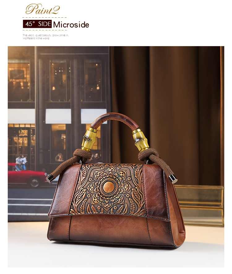 Red Vintage Sunflower Carved Bag on model close-up