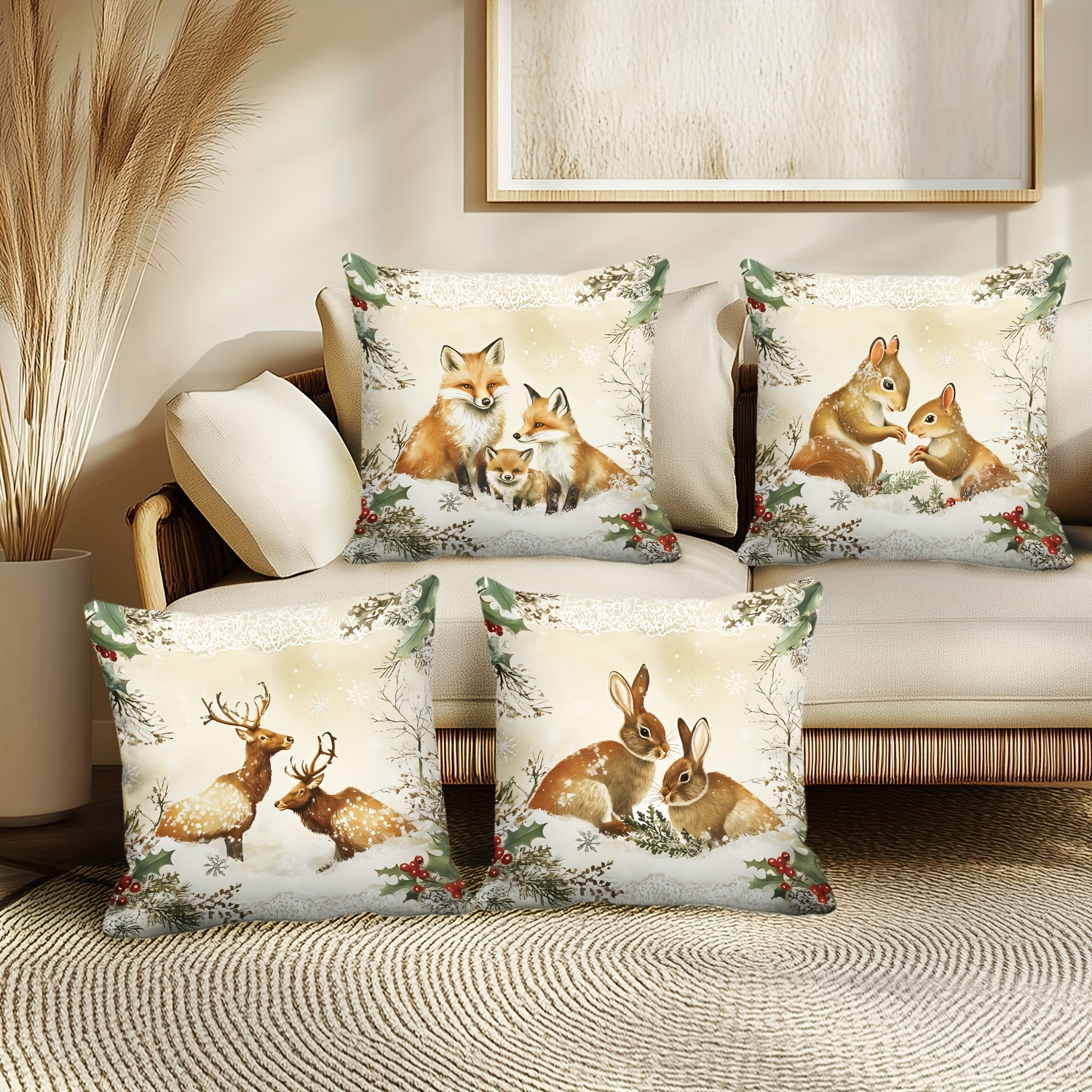 

4- Christmas , 18x18 , Polyester, Zippered, , , , , And , For , , , Sofa Decor, No Inserts