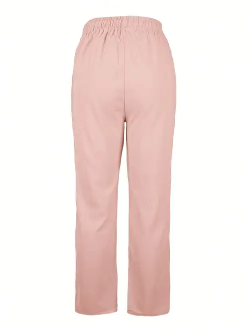 womens casual straight leg pants with drawstring waist solid color gray polyester elastic cuffs hem comfortable casual attire