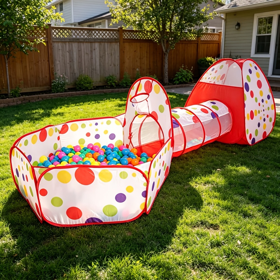 TEMU 3in 1 Red Polka Dot Kids Play Tent With Crawl Tunnel And Ball Pit, Foldable Pop Up Indoor Outdoor Play Toy With Storage Bag, Great Birthday Gift
