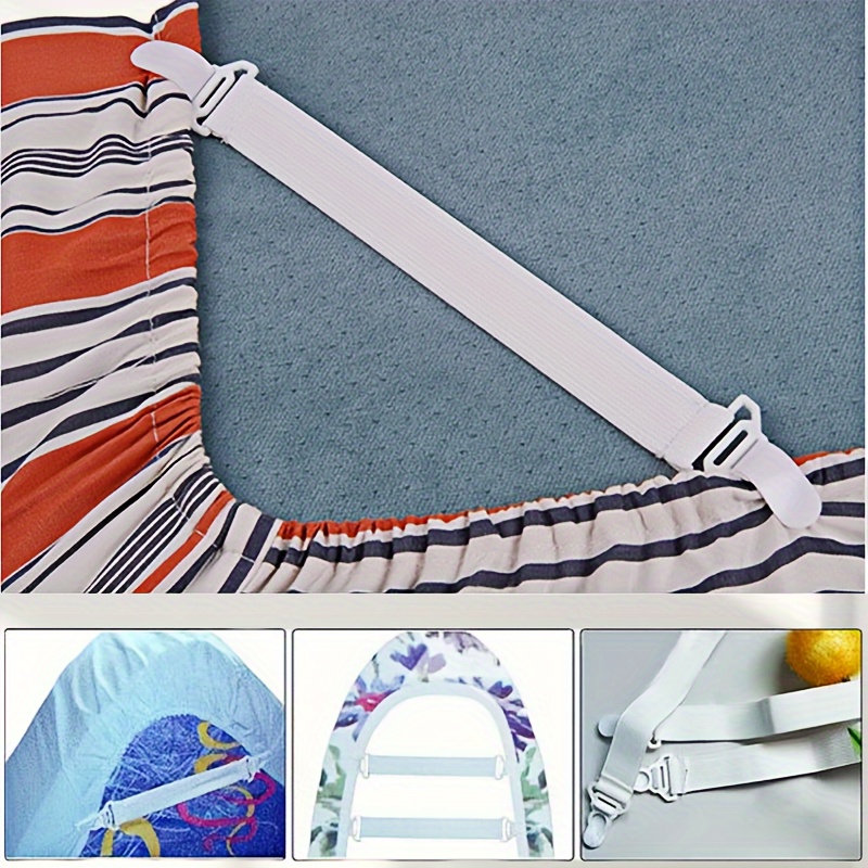 4 pack white elastic bed sheet straps with adjustable buckles non woven fabric machine washable knitted sheet fasteners details 2