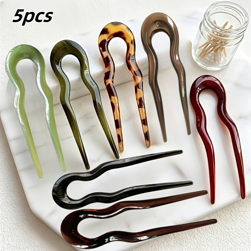 TEMU 5pcs/acrylic U-shaped Hairpins For Women's Back-of-head Updo, Random Assortment, Vintage Elegant Design, Simple Hair Clips, Women's Hair