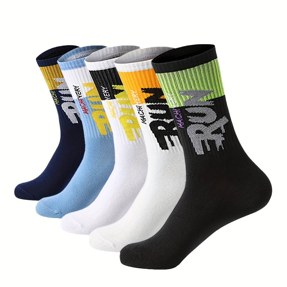 TEMU Letters Pattern 5 Pairs Men's Mid Calf Short Skin-friendly Simple Socks, Sports Socks For Outdoor Fitness Basketball Running