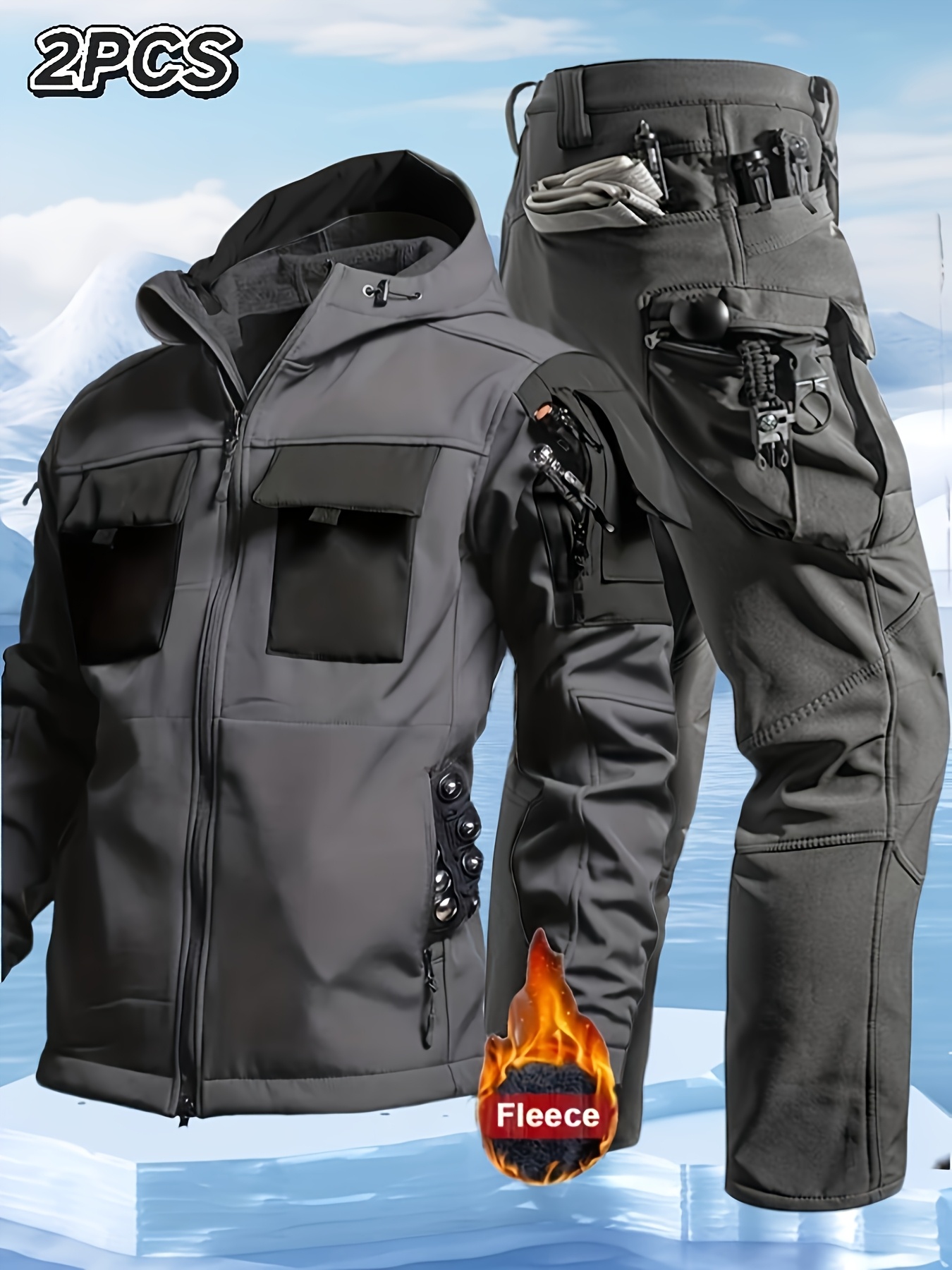 Men's Windproof Hooded Jacket & Insulated Cargo Pants Set