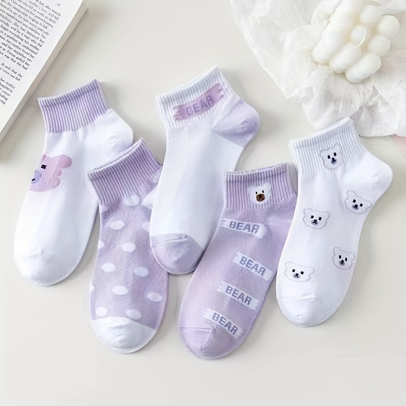 

5 Pairs Cute Bear Purple Socks, Comfy & Breathable Short Socks, Women's Stockings & Hosiery