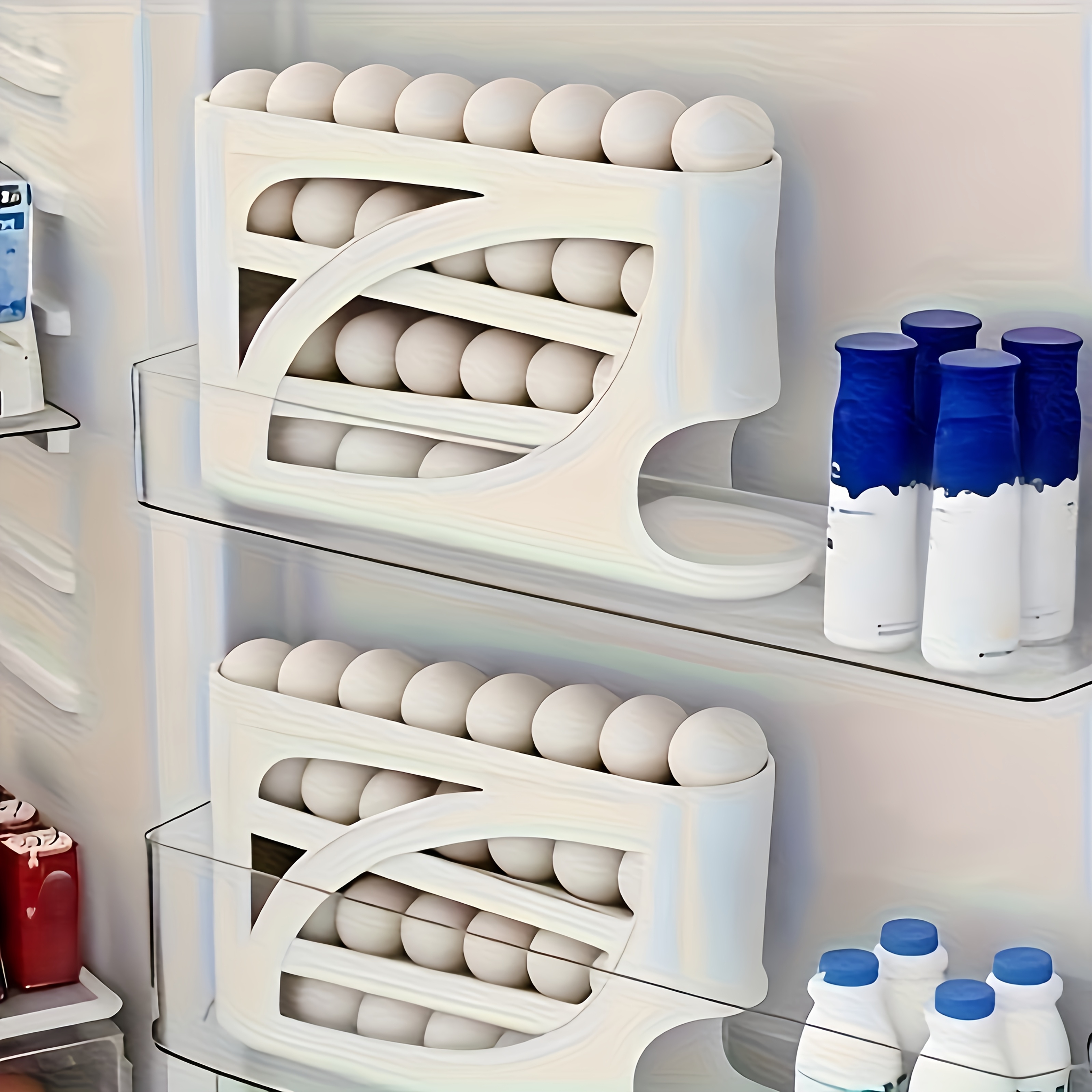 1pc egg storage organizer with auto- slots - space-saving egg rack for refrigerator door, multi-tier egg keeper with sliding design, beige/brown, heavy-duty plastic egg holder for freshness & organization - kitchen countertop or fridge organizer, , sturdy construction, organized households Product details 2
