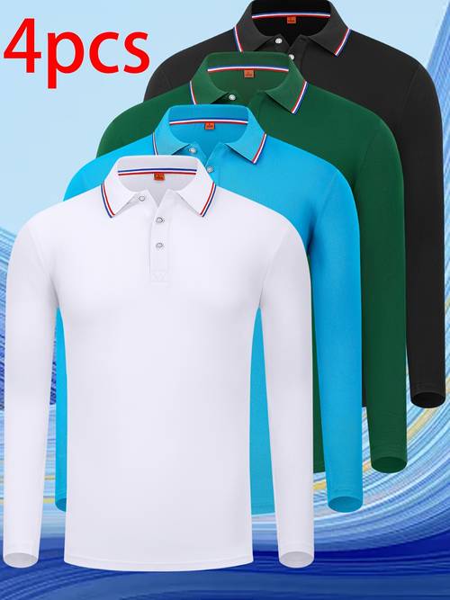 4pcs mens long sleeve shirts solid color regular fit with contrast trim collar black white for daily wear outdoor work dates outdoor clothing date night apparel classic collar design able fabric material