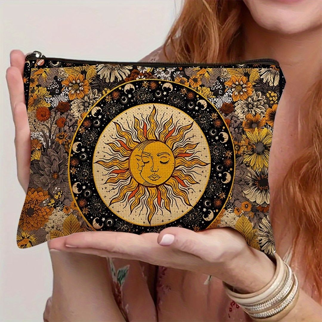 Image of 1pc, Card Evil Eye Makeup Bag - Sunflower Hippie Snake Design Flower Cosmetic Pouch With Zipper For Women's Travel & Wash Essentials Storage. Perfect Gift Idea