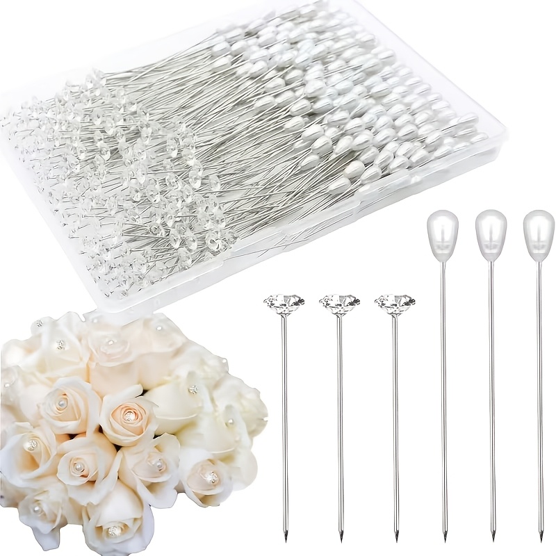 TEMU 200pcs Pearl Rhinestone Flower Pins For Wedding Bouquet, Silver Floral Stem Picks Bridal Bouquet Decorative Pins Diy Wedding Flower Arrangement