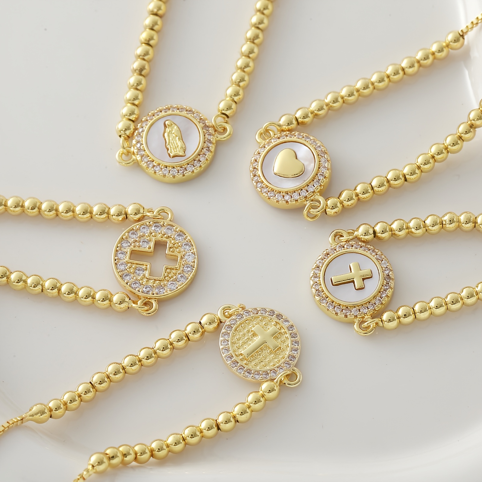 Women's 18K Gold-Plated Adjustable Bead Bracelet with Cross Pendant
