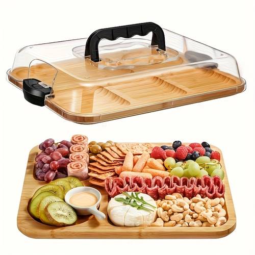 . käsebrett mit transparentem acryldeckel - tragbarer -tablett für camping, partys, restaurants | feiertags-apéritifs, - und snack-service tablett, rückseite als schneidebrett, party-snack-organizer, sicherer, aufklappbarer deckel