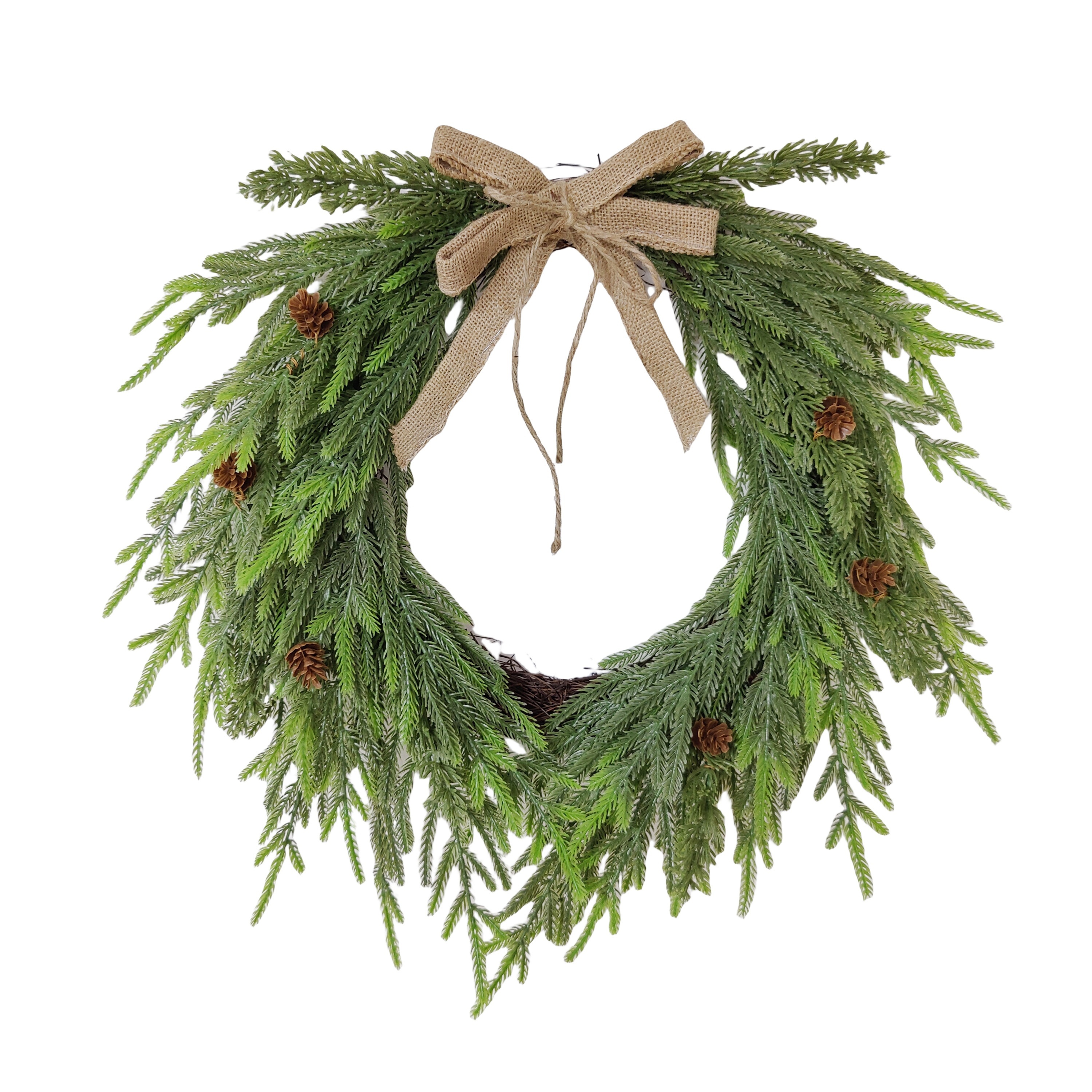 

1pc Festive Fir Wreath With Pinecones And Burlap Bow - Perfect For Christmas Wall Or Door Decorations - No Electricity Required