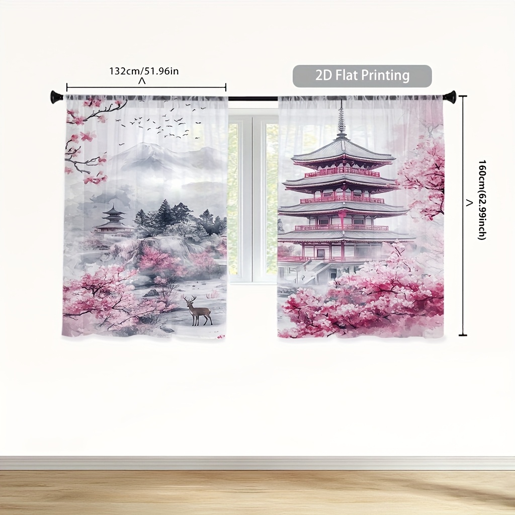 TEMU 2pcs -wash Style Ancient Building Printed Gauze Curtain Series, New Simple And Versatile Filter Gauze Curtains For Living Room, Bedroom And
