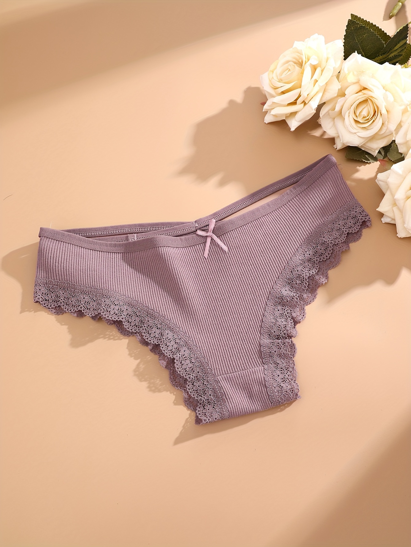 4pcs Women'S Lingerie Briefs with Lace Trim - Sexy Ribbed Design, Solid Colors (White, Pink, Gray, Black), Soft & Comfortable Underwear for Casual Attire, Lingerie Sets, Comfortable Underwear, Elegant Underwear, Soft Fabric Underwear