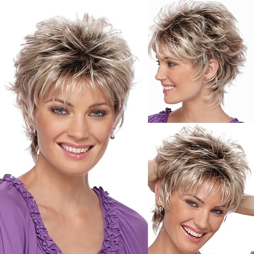 Image of Women' Short Shaggy Layered Wig Ash Blonde Highlight Suitable For Older Ladies, Natural Straight Synthetic Hair Wig With Bangs, For Daily Wear, & Full Hairstyle