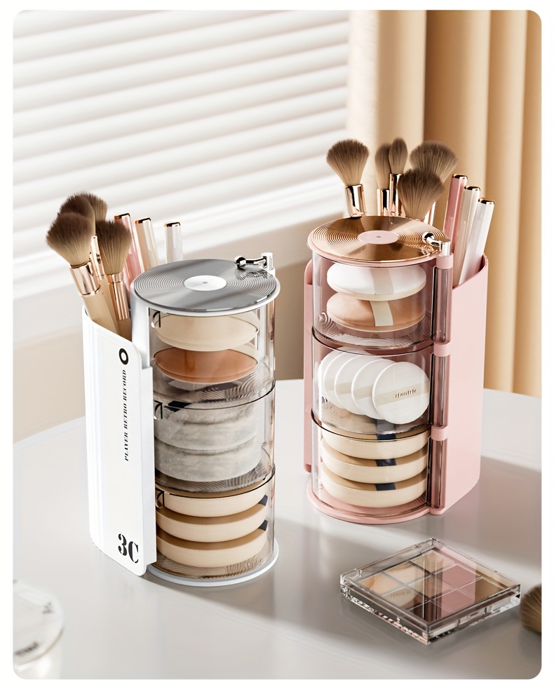 luxury 3c rotating makeup brush puff storage box dustproof multi layer design independent   desk organizer for dressing table bathroom office home use countertop mounting no electricity needed countertop organizer sleek aesthetic durable plastic makeup storage organizer makeup organizer for vanity Product details 12