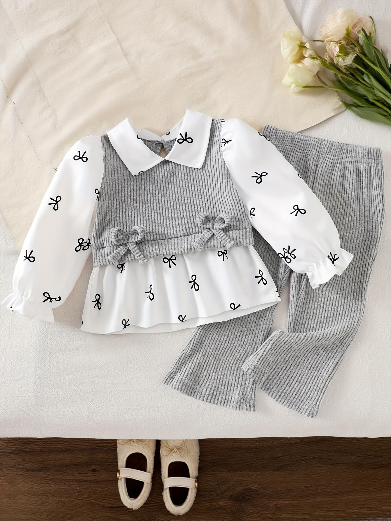 girls spring autumn elegant 2pcs set bow print   color block   two piece long sleeve casual shirt top and   fit flared pants outfit   outdoor Product details 5