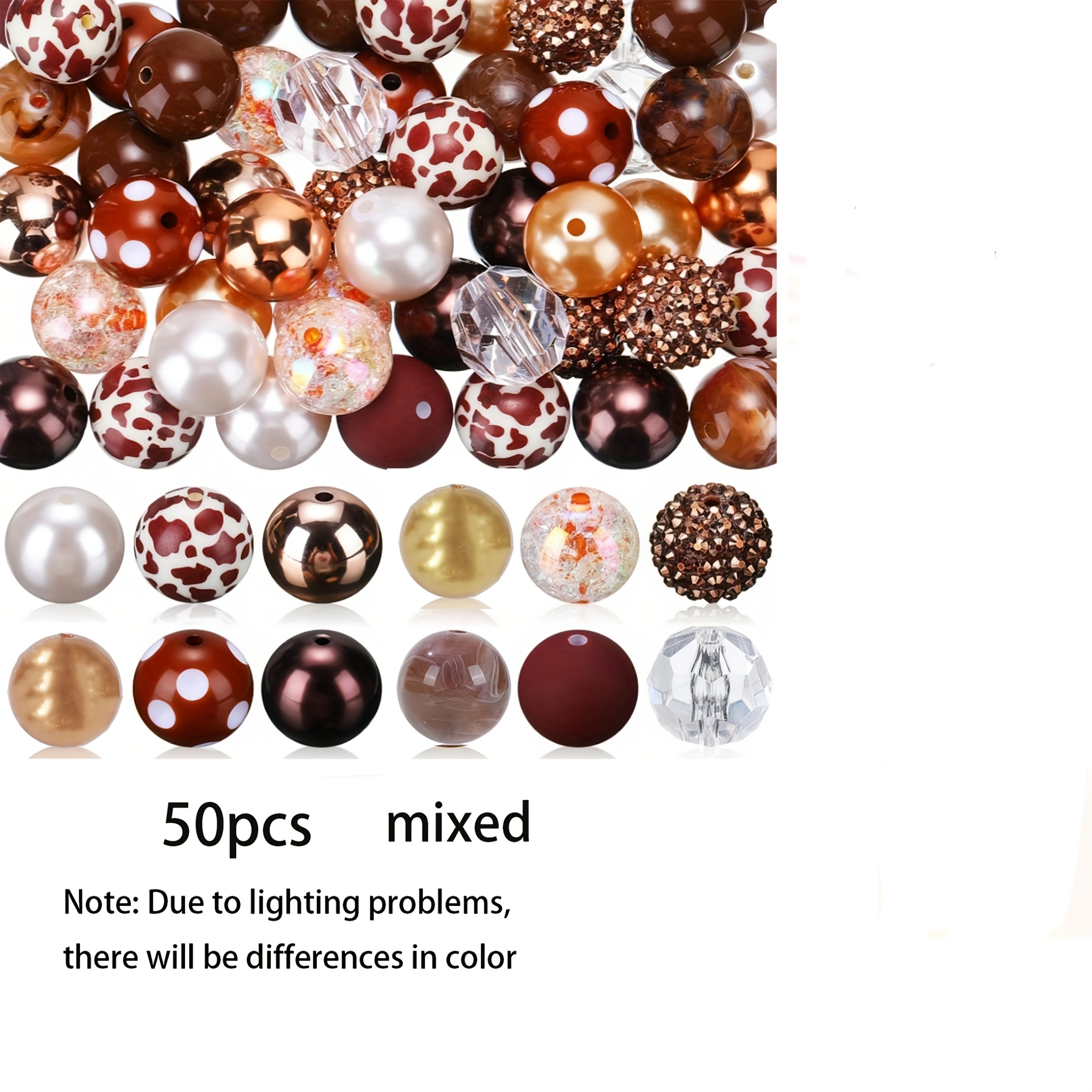 TEMU 50pcs Chunky Bubblegum Beads 20mm Brown Beads Styles Mixed Beads Set Spacer Bead Chunky Beads Jumbo Acrylic Beads For Jewelry Making