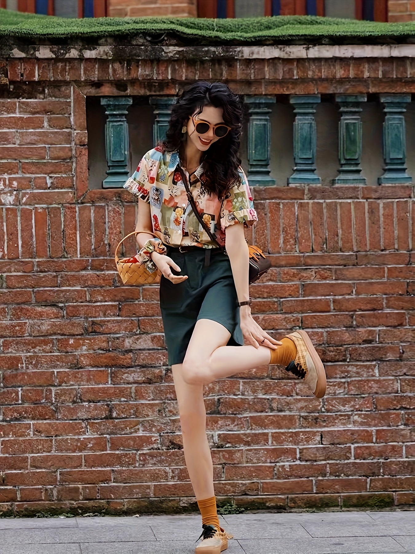 camisa estampada vintage para mulher com curtas Temu Brazil