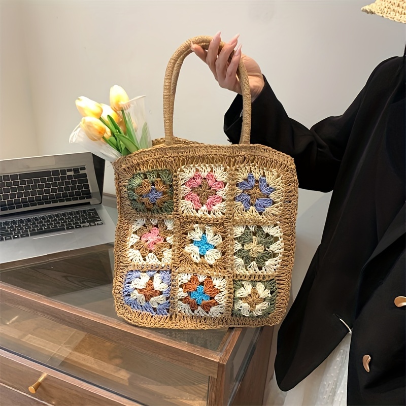 Boho Chic Crochet Straw Tote Handmade Hollow Floral Shoulder Bag,  Versatile Crossbody or Handheld Summer Beach Vacations, Khaki/Ivory