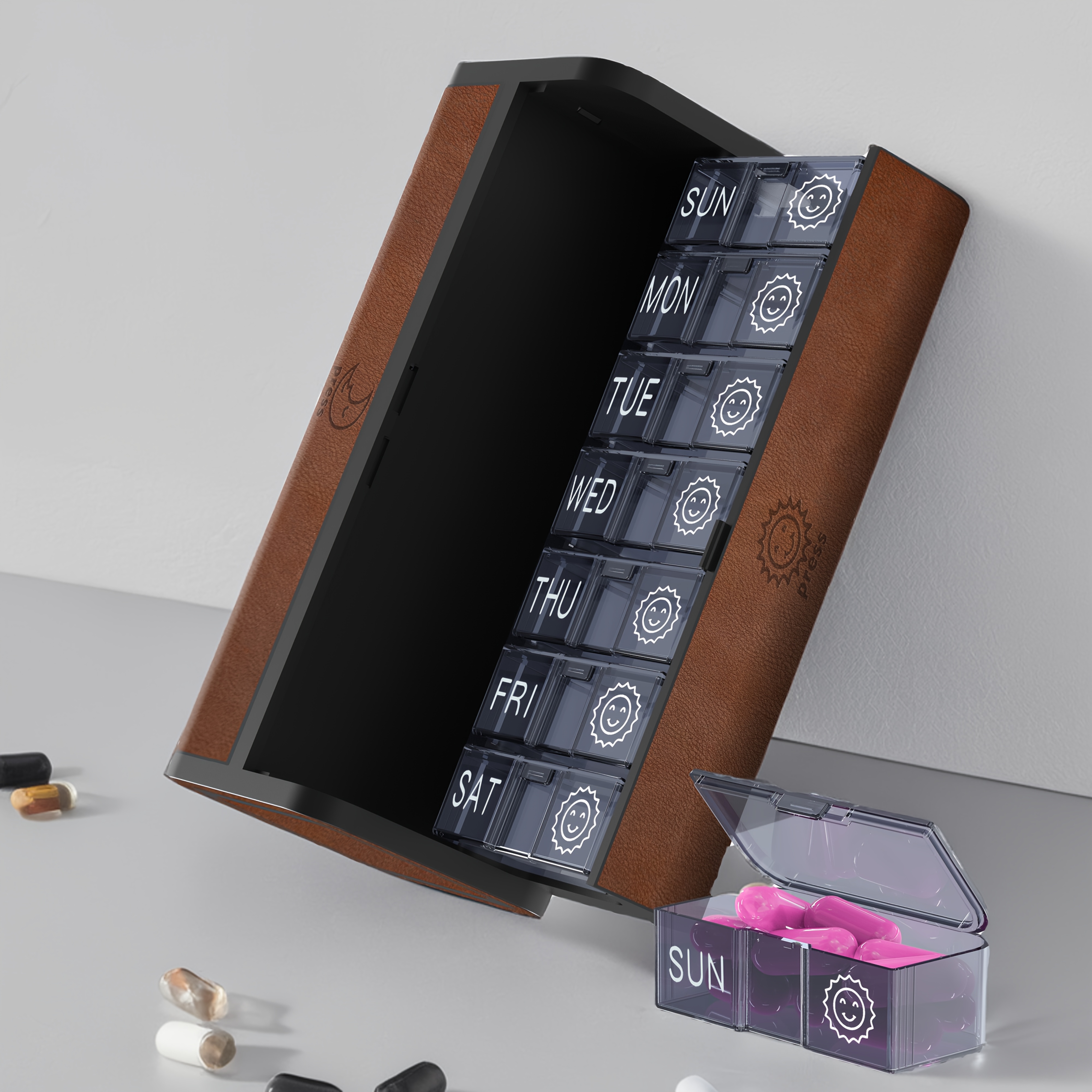 Image of A Day Medication Organizer, Large Capacity Sorter, Pu Leather Fashionable And Simple, Essential For , Removable Pocket , Easy To Clean, The For Gift-