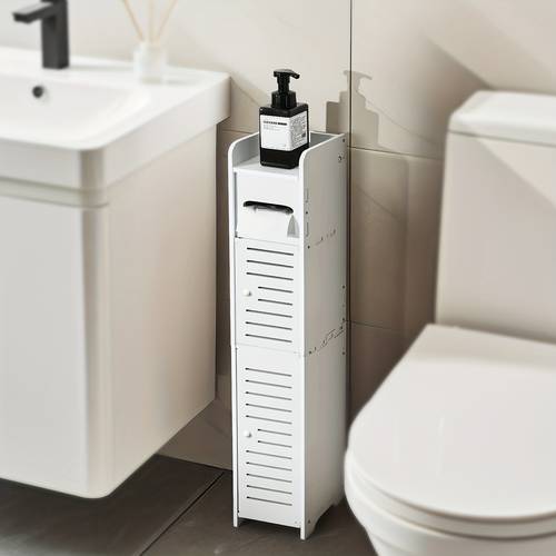 self standing pvc bathroom storage cabinet with toilet paper holder double door organizer suitable for paper towels towels and cleaning supplies no power required white bathroom organizer and storage cabinet