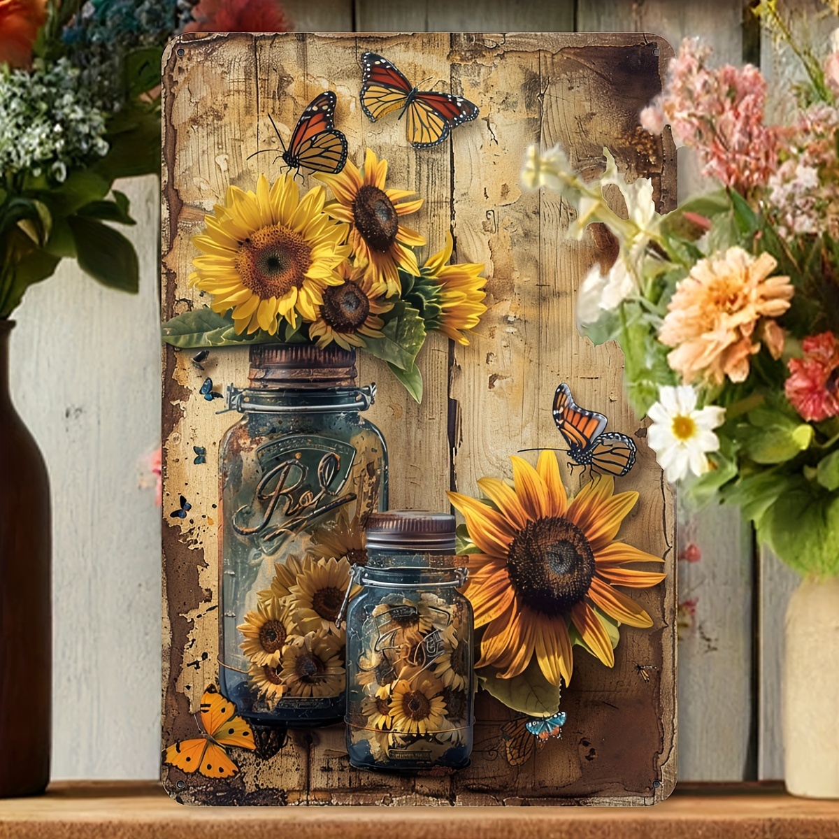 [2D Flat] Vintage Sunflower Metal Iron Sign - Rustic Wall Decor with Mason Jar and  , 20.32x30.48 cm, Indoor/ Outdoor Use, Suitable for Home, Garden, Cafe or Garage, Garden Decor | Vintage   | Durable Iron Sign, Outdoor Wall Decor,   Room Decor, Waterproof and Weatherproof Decor,   Universities, Bathrooms, Caves, Bars, Cafes, Garages, Farmhouses, for Man Caves - Black Vintage Poster Gifts,   Room Decor