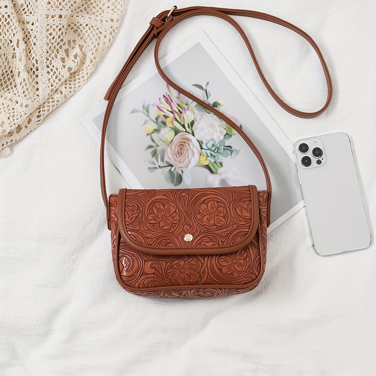 

[] Brown Floral Embossed Crossbody Bag For Women - Adjustable Strap, Vintage-inspired Small Shoulder Purse With Zip Closure, Casual , Mini Purse