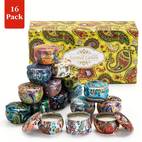sechzehn dosen soya-wachs duftkerzen, die mit -flavored-essenzölen angereichert sind, elegant verpackt, leicht und kompakt für reisen, als geschenksets oder heimdekoration - ideal für festliche anlässe und die schaffung einer angenehmen atmosphäre.