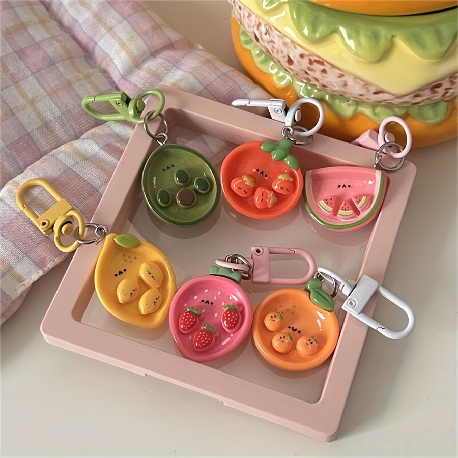 6pcs Cute Fruit Plate Keychain, Realistic Food Pendant, Alloy Resin,  Cartoon Theme, for Girlfriend, Couple, BFF Gift, Decorate