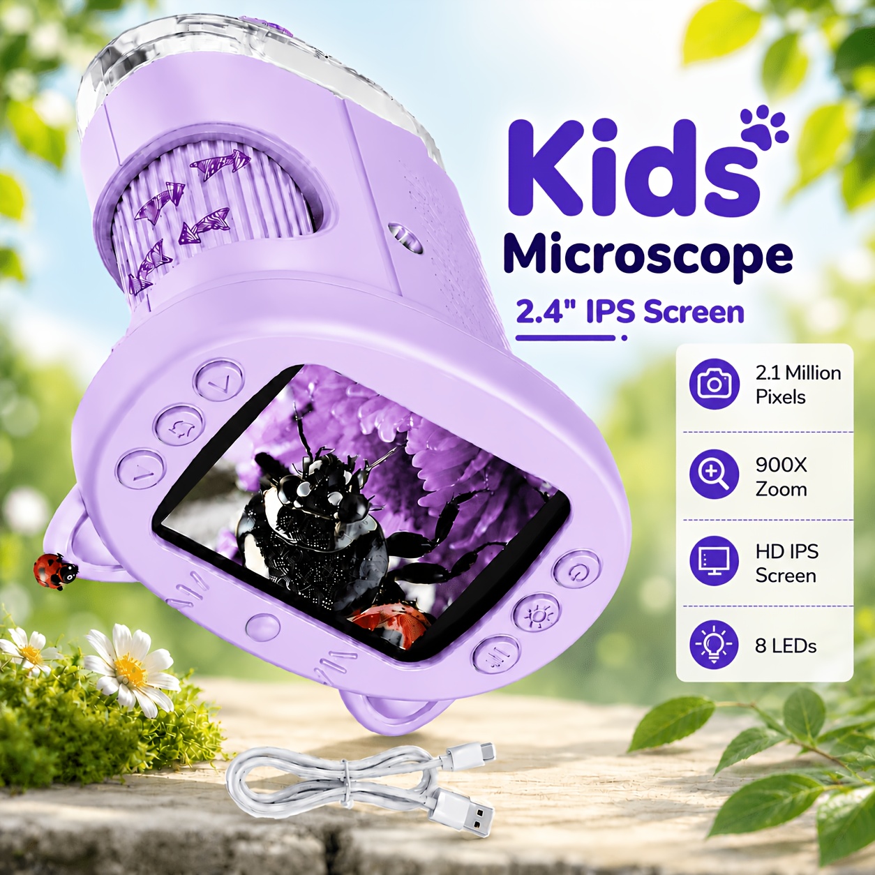 Image of Children's Microscope Up To 900x Handheld Digital Microscope 2.4-inch Ips Screen, 2.1-megapixel Hd Microscope Built-in 7 Led Tool For Birthday Thanksgiving, And Christmas Gifts