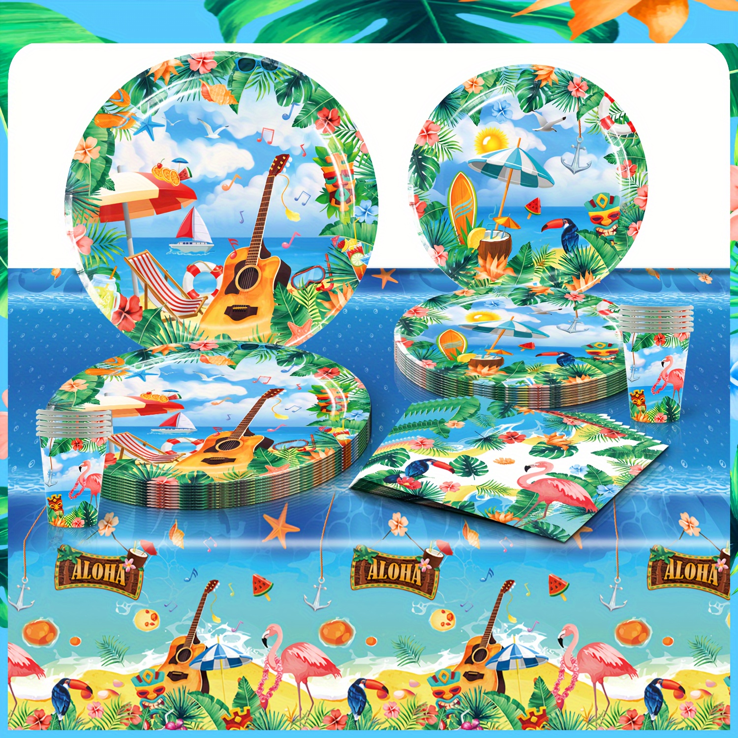 50pcs, Hawaiian Aloha Party Tableware Set, Luau Tropical Party Decorations  Supplies Summer Beach Holiday Party Paper Plates Napkins And Cups Tableware