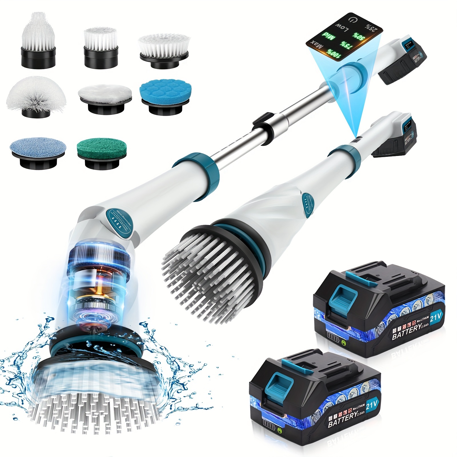 

Battery Electric Scrubber For Cleaning Bathroom, 1200rpm 21v Spin Scrubber Electric Spin Brush For Cleaning, 50'' Cordless Scrubber W/ 8 Brushes For Grout Tile Tub Floor