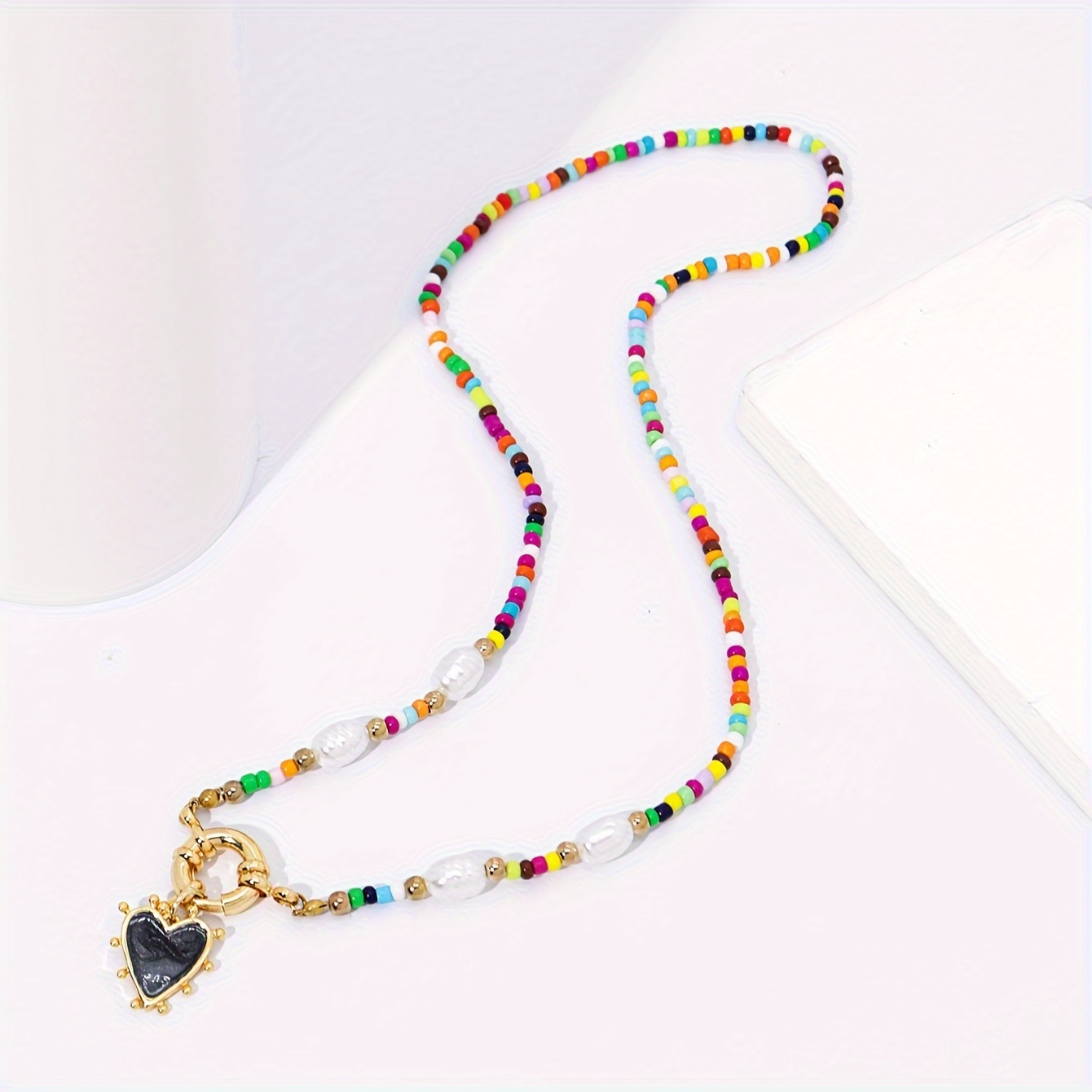 TEMU 1pc Women's Fashion Pendant Necklace, Bohemian Handmade Colorful Seed Bead Strand With Sailor Clasp Heart Pendant, Vacation Party Jewelry Accessory. Handcrafted, Slight And Size May Occur