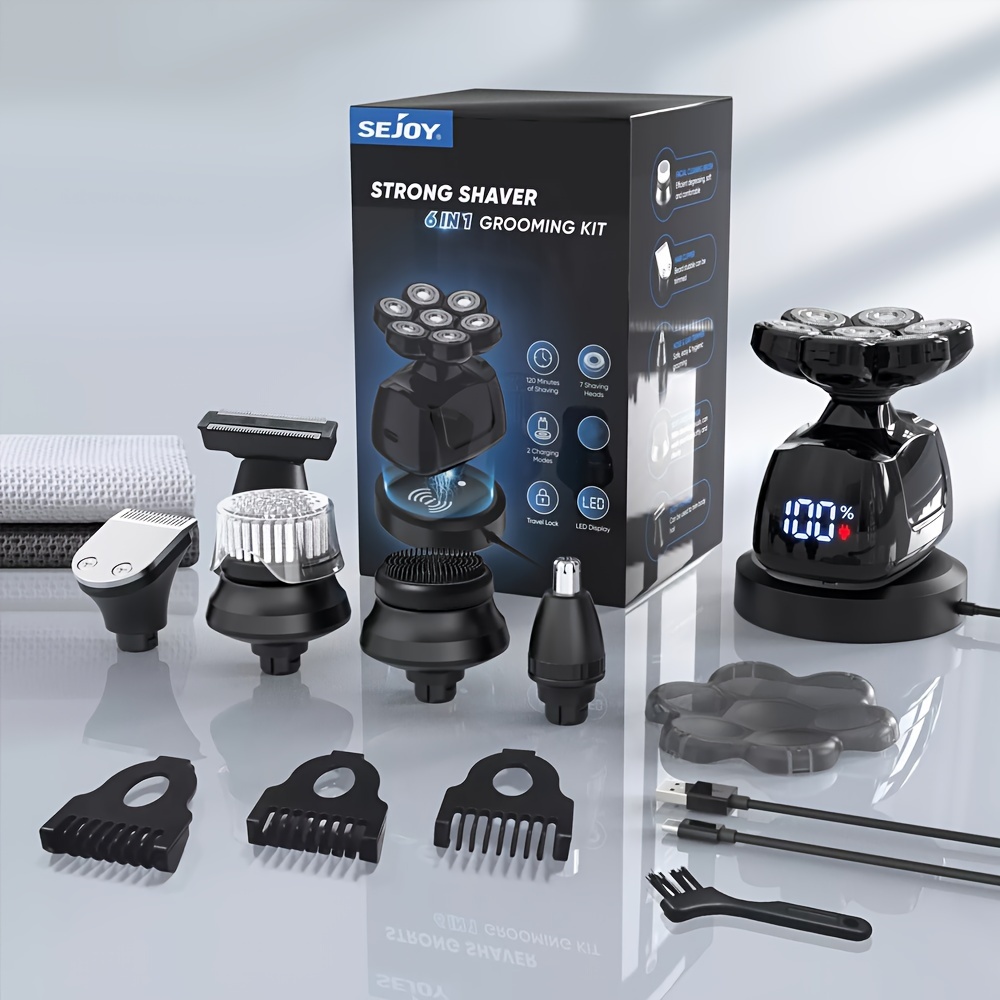 TEMU 7d Electric Shaver For Bald Men, 6in 1 Grooming Kit, Upgraded 7 Floating Head, With Nose Hair Trimmer, Facial Cleaning Brush 2h Fast Charging