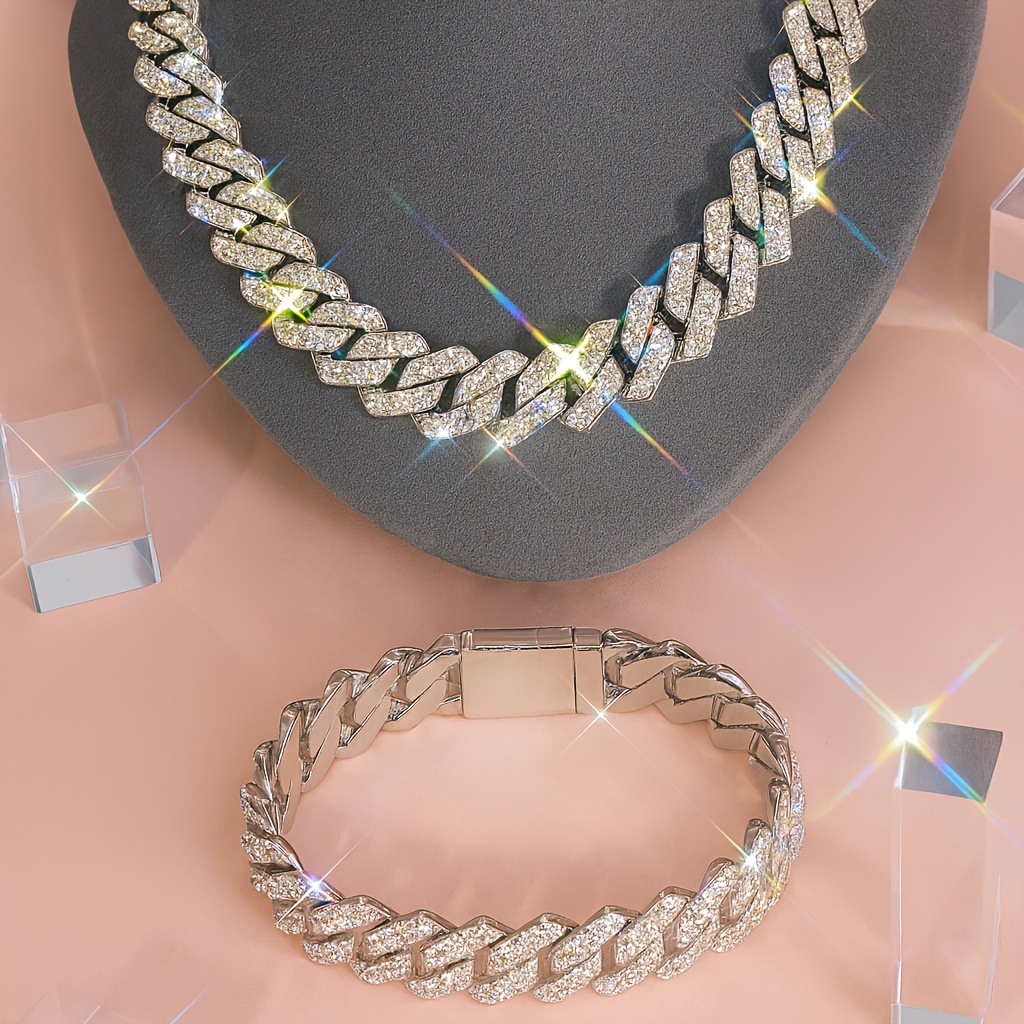 necklace + bracelet hip hop style jewelry set sparkling - Temu