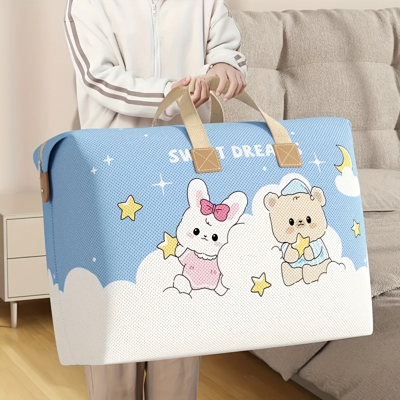 

1pc Foldable Storage Bag With Cute Bear & Rabbit Design, Large Capacity Organizer For Comforters, Clothes, Blankets, Toys, Zipper Closure