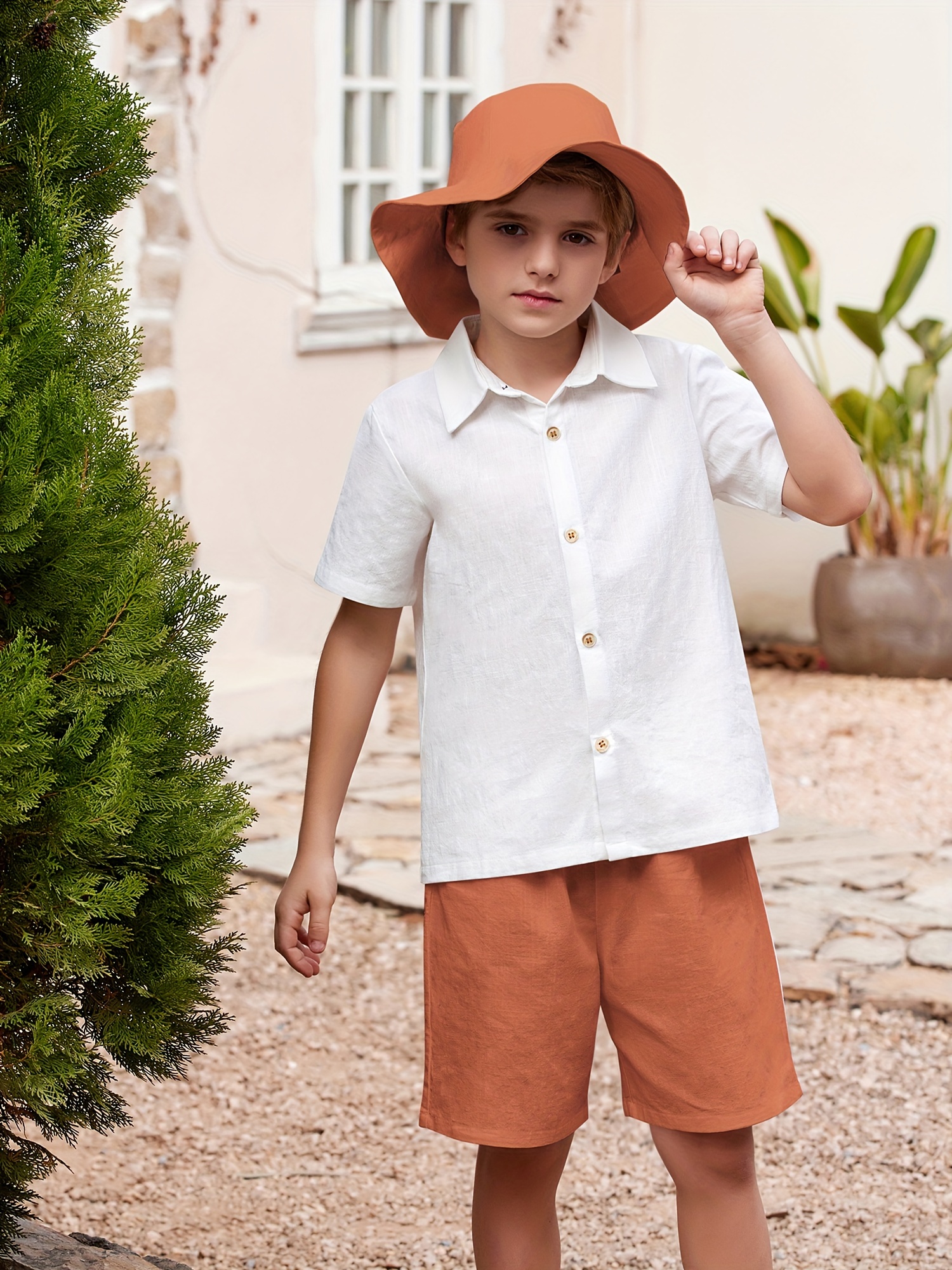 boys summer solid color set button short sleeve shirt shorts