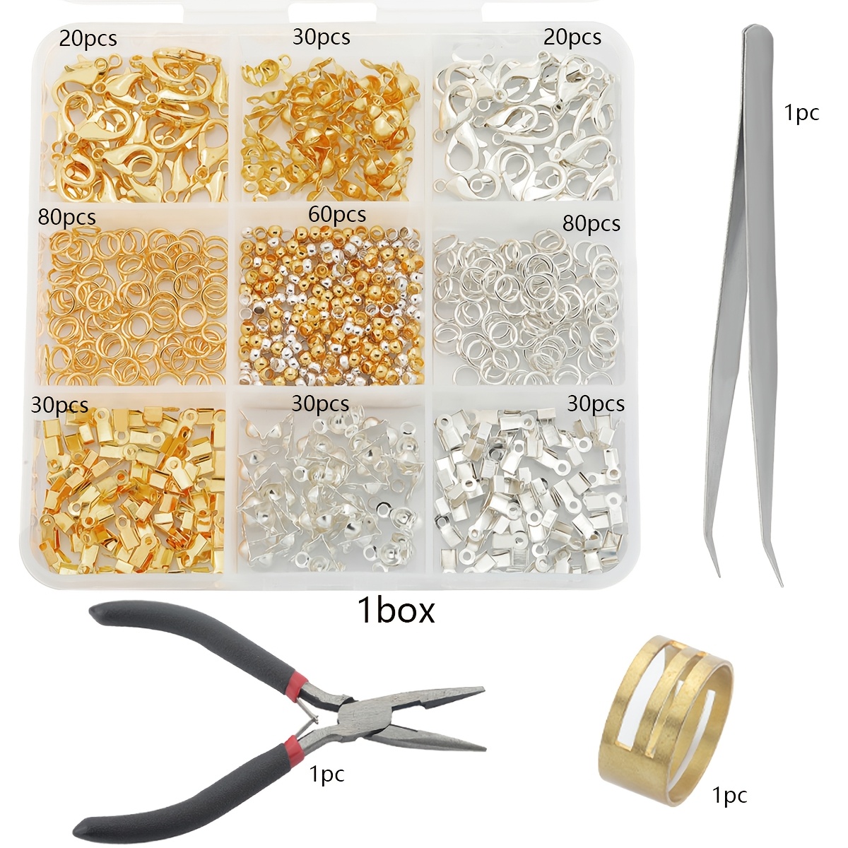 TEMU 1 Boîte de Connecteurs de Fermoirs de Bijoux, Incluant 380 pièces par Boîte (40 Fermoirs , 60 Perles à Sertir, 60 Embouts de Protection, 60