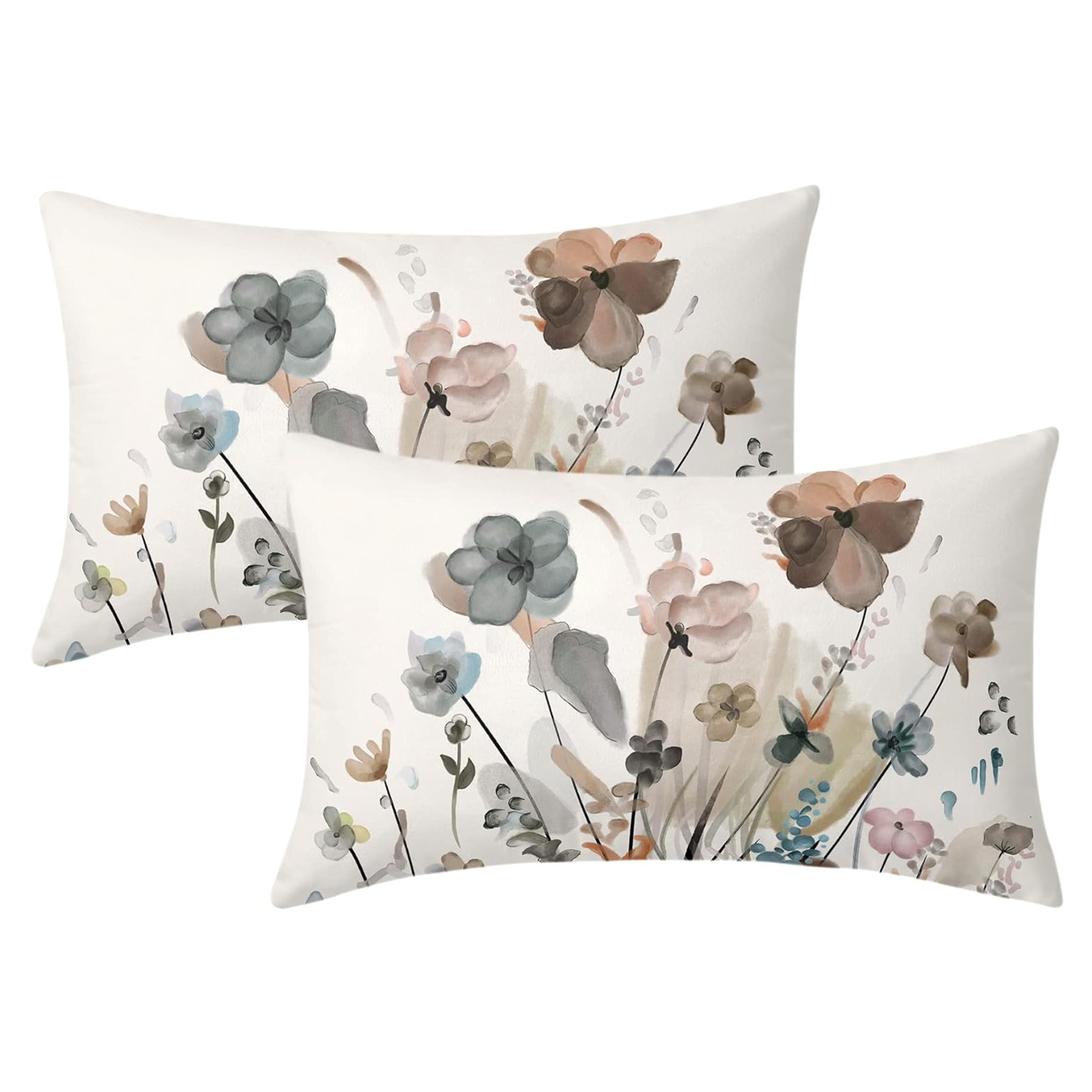 TEMU 2pcs, Teal Brown Cream Grey Floral Lumbar Pillow Covers Watercolor Tan Gray Beige Flowers Rectangle Throw Pillows Rustic Abstract Modern