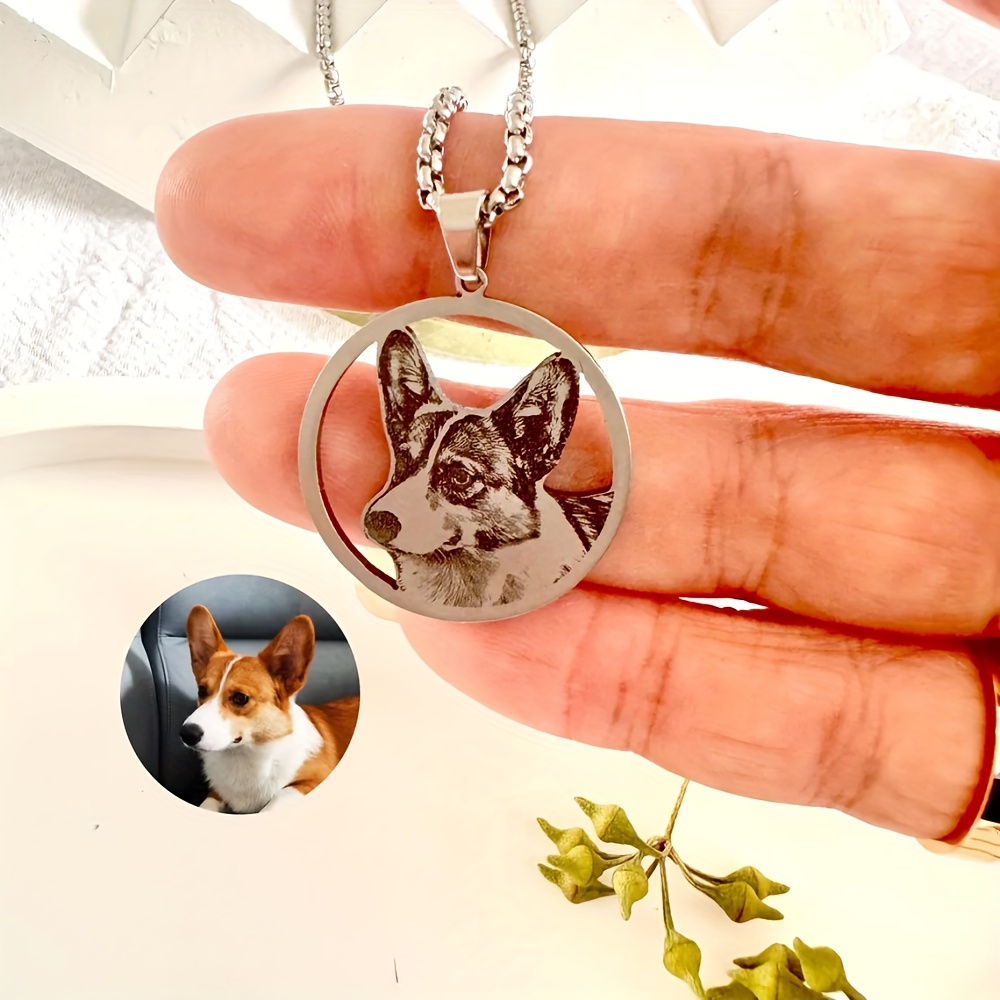 TEMU [customized] Pet Photo Necklace Cute Cat And Dog Necklace Stainless Steel Portrait Necklace Family Photo Necklace Personalized Black Printed
